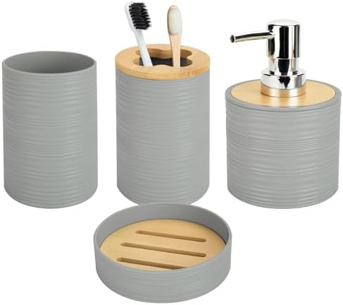 4PCS Grey Bathroom Set, Soap Dispenser, Dish & Bamboo Holder, Rustic