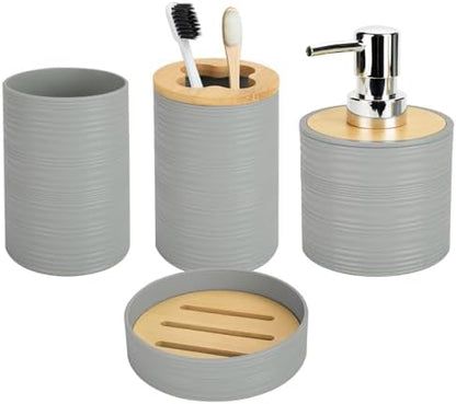 4PCS Grey Bathroom Set, Soap Dispenser, Dish & Bamboo Holder, Rustic