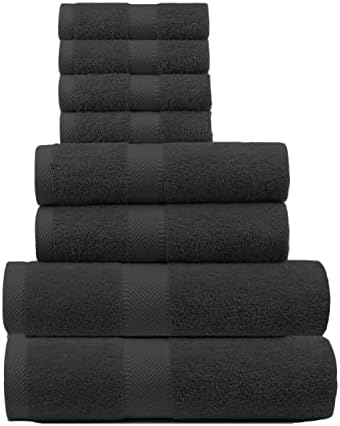 BY LORA Terry Cotton Bath Towel, Hand Towel and Wascloth Set, Charcoal, Set of 8