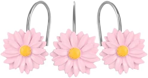 Daisy Flower Shower Curtain Hooks, 12PCS Stainless Steel Anti Rust Sunflower Shower Curtain Hooks Floral Decorative Curtain Hanger Hooks for Living Room Bathroom Decor (Pink)