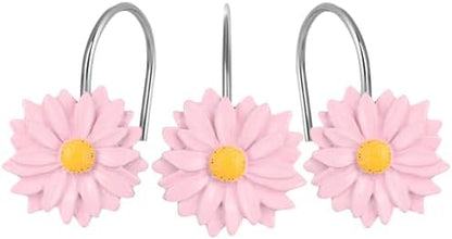 Daisy Flower Shower Curtain Hooks, 12PCS Stainless Steel Anti Rust Sunflower Shower Curtain Hooks Floral Decorative Curtain Hanger Hooks for Living Room Bathroom Decor (Pink)