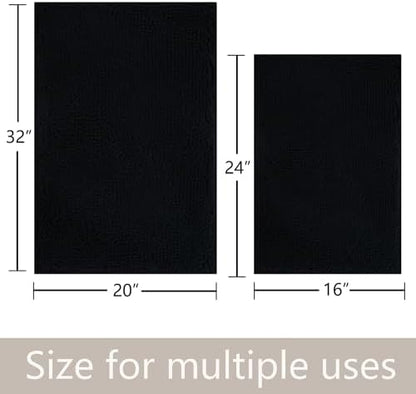 Bathroom Rugs Sets 2 Piece Chenille Bathroom Rugs,Extra Thick and Absorbent,Strong PVC Non-Slip Underside, Machine Washable, Dry Quckily, Soft Cozy Plush for Toilet,Bedroom (Black)