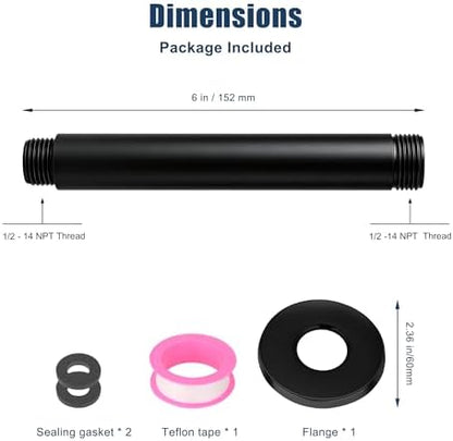 Straight Shower Arm with Flange, 6 Inch, Matte Black