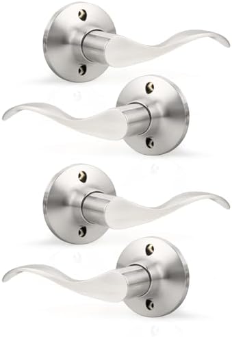 GOBEKOR 2 Pair of Dummy Door Levers Brushed Nickel Interior Door Handle for Left Hand and Right Hand, Non-Turning Handle Pull for Closet French Doors, 4 Pack