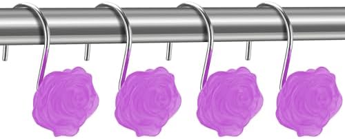 Rose Shower Curtain Hooks, Glow in The Dark, Pretty Floral Themed Elegant Bathroom Decor, Purple