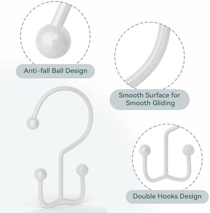 Goowin Shower Curtain Hooks, 12 Pcs Shower Curtain Rings, Durable Shower Curtain Rings Rust Proof, Double Glide Shower Rings for Curtain, Simple Shower Hooks for Shower Curtain & Liner, White