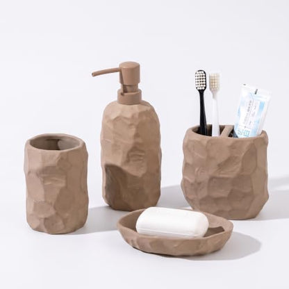 RQYIXI Ceramic Bathroom Accessories Set,Brown,4 Piece,Artisan Design