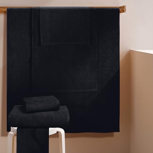 MyOwn Premium Cotton 6 Pack Towel Set for Bathroom, Contains 2 Bath Towels 28x55 inch, 2 Hand Towels 16x24 inch & 2 Wash Coths 12x12 inch, Ideal Everyday use, Compact & Lightweight - Black
