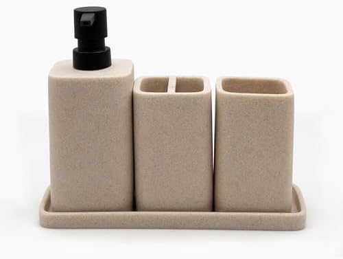 ZCCZ Bathroom Accessory Sets, 4 Pieces Bathroom Accessories Complete Set Vanity Countertop Accessory Set Marble Look, Includes Lotion Dispenser Soap Pump, Tumbler, Toothbrush Holder and Tray (Beige)
