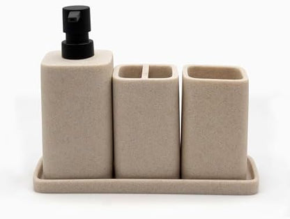 ZCCZ Bathroom Accessory Sets, 4 Pieces Bathroom Accessories Complete Set Vanity Countertop Accessory Set Marble Look, Includes Lotion Dispenser Soap Pump, Tumbler, Toothbrush Holder and Tray (Beige)