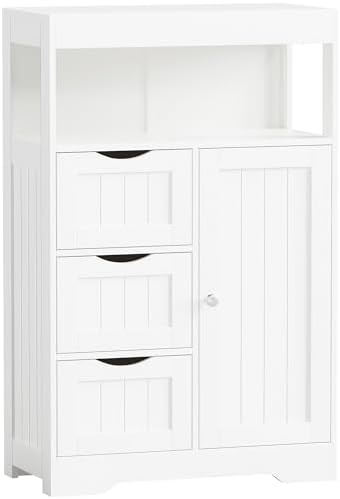JUMMICO Bathroom Floor Cabinet, Wooden Free-Standing Storage Organizer with 1 Door and 3 Drawers, Bathroom Storage Cabinet for Living Room/Kitchen/Hallway/Home Office (Light White, 3 Drawers)