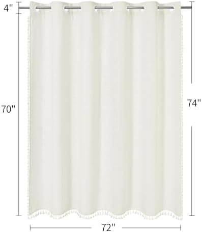 MitoVilla No Hooks Needed Boho Farmhouse Shower Curtain with Snap-in Liner, Cotton Linen Fabric Shower Curtains with Tassels for Rustic Neutral Bathroom Decor, Ivory, 72 x 74
