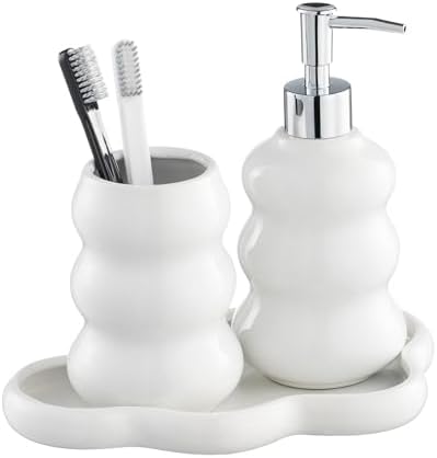 3-Piece White Ceramic Bathroom Accessories Set with Tray, Lotion Dispenser, and Tumbler for a Luxurious Bath Experience