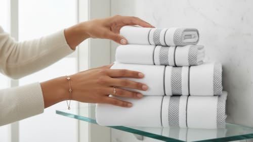 Hand Towels Set for Bathroom – Luxury 4-Piece Cotton Hand Towels, Soft Absorbent & Quick Dry, 600 GSM Bath Towels for Bathroom, Hotel Spa Quality (White/Grey, 4-Hand Towel Set)