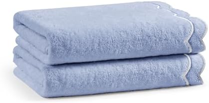 Peri Home 2 Piece Cotton Bath Towel Set, Embroidered, Blue, White Scallop