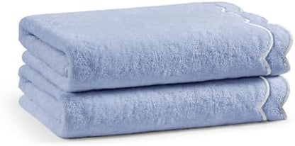 Peri Home 2 Piece Cotton Bath Towel Set, Embroidered, Blue, White Scallop