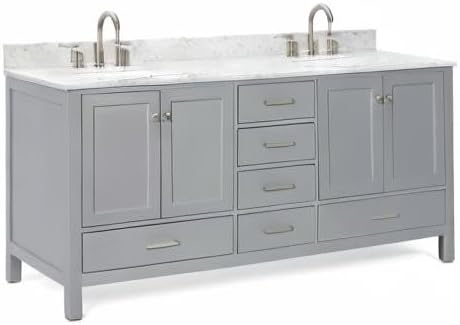 ARIEL Cambridge 72-inch Bathroom Vanity with Sink,Solid Wood, 0.75-inch Italian Carrara Marble Countertop & Backsplash, Double Oval Porcelain Sink, 4 Soft Closing Doors, 6 Dovetail Drawers, Grey