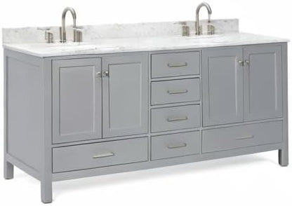 ARIEL Cambridge 72-inch Bathroom Vanity with Sink,Solid Wood, 0.75-inch Italian Carrara Marble Countertop & Backsplash, Double Oval Porcelain Sink, 4 Soft Closing Doors, 6 Dovetail Drawers, Grey
