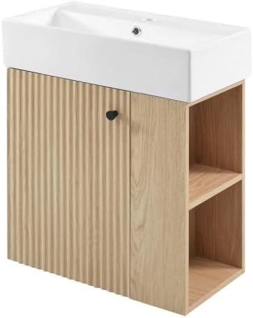 BNSPLY 22 Inch Floating Bathroom Vanity with Sink, Wall Mounted Bathroom Vanity Cabinet with Ceramic Sink, Modern Single Basin Vanities, Small Restroom Basin Cabinet with Right Side Storage, Wood