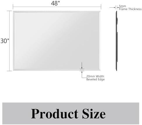 Frameless Bathroom Mirror, 48" x 30" Beveled Wall Mirror