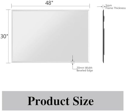 Frameless Bathroom Mirror, 48" x 30" Beveled Wall Mirror