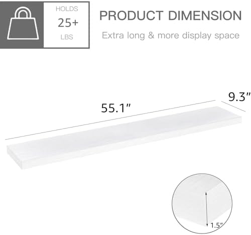 QEEIG Floating Shelves for Wall 55.1" Extra Long - Wall Mounted Shelf Bathroom Kitchen Living Room Bedroom Farmhouse Home Decor Display Bookshelf Large 55.1 x 9.3 inch Set of 2, White (008-140W)