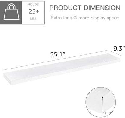 QEEIG Floating Shelves for Wall 55.1" Extra Long - Wall Mounted Shelf Bathroom Kitchen Living Room Bedroom Farmhouse Home Decor Display Bookshelf Large 55.1 x 9.3 inch Set of 2, White (008-140W)