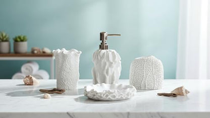 Hymmah Bathroom Accessories Set,Coral Seashell Design Toothbrush Holder,Farmhouse Bathroom Decor,4 Pcs Resin Gift Set Apartment Necessities, Contain Toothbrush Cup,Soap Dispenser,Soap Dish,Tumbler
