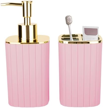 RRM 2PCS Bathroom Accessories Set,Pink Soap Dispenser and Toothbrush Holder