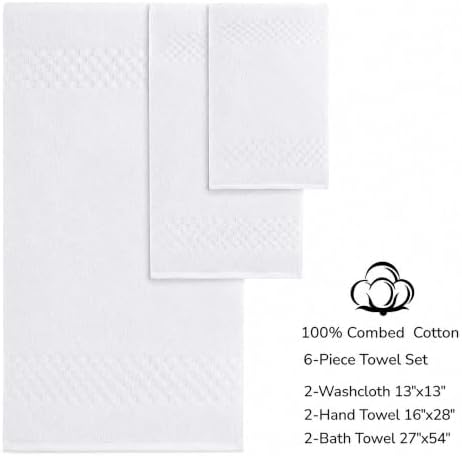 Feather & Stitch 100% Cotton 625 GSM Bath Towel Set of 6, Ultra Soft Highly Absorbent 2 Bath Towels, 2 Hand Towels & 2 Washcloth - Luxury Quick Dry Shower Towels (White)