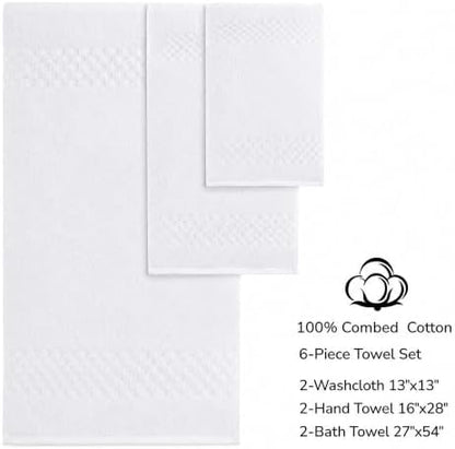 Feather & Stitch 100% Cotton 625 GSM Bath Towel Set of 6, Ultra Soft Highly Absorbent 2 Bath Towels, 2 Hand Towels & 2 Washcloth - Luxury Quick Dry Shower Towels (White)