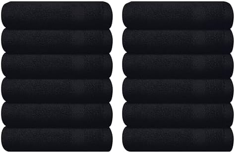 GLAMBURG Ultra Soft 12-Piece Washcloths Set 13x13-100% Ringspun Cotton - Durable & Highly Absorbent Face Towels - Ideal for use in Bathroom, Kitchen, Gym, Spa & General Cleaning - Black