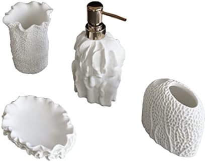 Hymmah Bathroom Accessories Set,Coral Seashell Design Toothbrush Holder,Farmhouse Bathroom Decor,4 Pcs Resin Gift Set Apartment Necessities, Contain Toothbrush Cup,Soap Dispenser,Soap Dish,Tumbler
