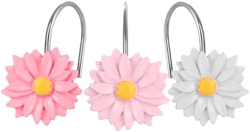 Daisy Flower Shower Curtain Hooks, 12PCS Stainless Steel Anti Rust Sunflower Shower Curtain Hooks Floral Decorative Curtain Hanger Hooks for Living Room Bathroom Decor (Mixed Color)