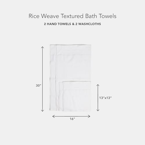 Texere 100% Organic Cotton Rice Weave Jacquard 700 GSM Luxury Bath Towel Sets - Ultra Soft and Absorbent Hotel and Spa Quality (Rice Weave, Bright White, 2 Hand & 2 Wash Towels)