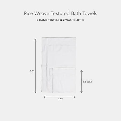 Texere 100% Organic Cotton Rice Weave Jacquard 700 GSM Luxury Bath Towel Sets - Ultra Soft and Absorbent Hotel and Spa Quality (Rice Weave, Bright White, 2 Hand & 2 Wash Towels)