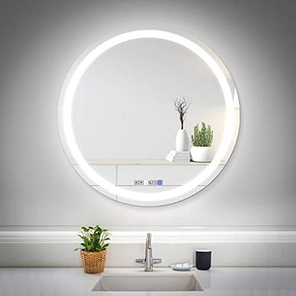 28 Inch Round LED Bathroom Mirror with 3 Color Modes, Touch Dimmer, Anti-Fog - Wall Mount Lighted Vanity Mirror for Makeup, Dressing Room - Fab Glass and Mirror