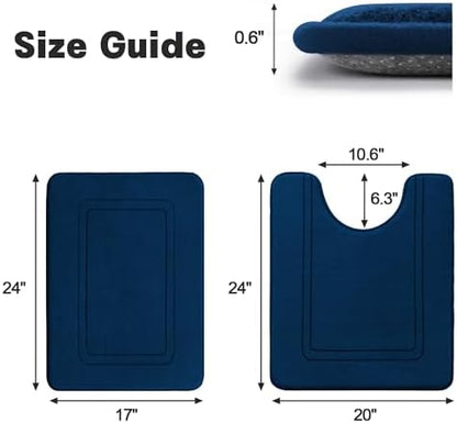 YIHOUSE Memory Foam Bath Mat Set, Bathroom Rugs Sets 2 Pieces, Non Slip Bath Mats for Bathroom, Super Soft and Water Absorbent Bath Rug Set, Machine Washable U Shape Toilet Rug,Dark Blue