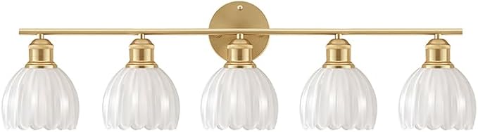 Bathroom Light Fixtures, 5-Light Brushed Gold Vanity Lights for Bathroom with White Tulip Glass Shade, 30" Vintage Bathroom Vanity Lighting Fixtures Over Mirror for Bedroom Living Room Hallway