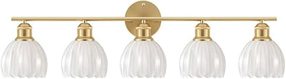 Bathroom Light Fixtures, 5-Light Brushed Gold Vanity Lights for Bathroom with White Tulip Glass Shade, 30" Vintage Bathroom Vanity Lighting Fixtures Over Mirror for Bedroom Living Room Hallway