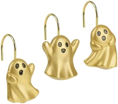Sunlit Ghost Shower Curtain Hooks, Home Decorative Shower Curtain Rings for Bathroom, Halloween Shower Curtain Hangers Bathroom Accessories, Set of 12, Golden