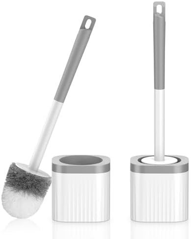 Toilet Brush, 2 Pack Compact Toilet Bowl Brush and Holder Set with Nylon Bristles Toilet Cleaner Brush Hidden Toilet Scrubber Brush for Bathroom Cleaning, Grey & White