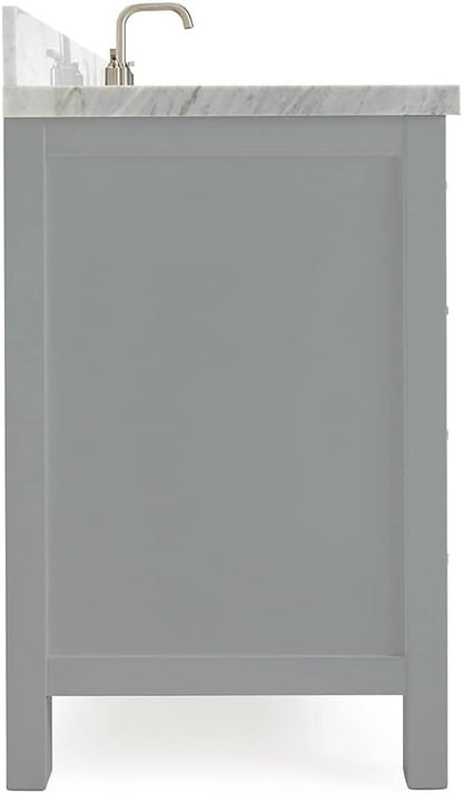 ARIEL Cambridge 60-inch Bathroom Vanity with Sink,Solid Wood, 1.5-inch Italian Carrara Marble Countertop, Single Rectangular Porcelain Sink, 2 Soft Closing Doors, 9 Dovetail Drawers, Grey