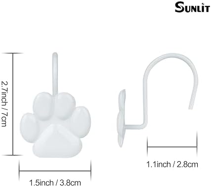 Sunlit Fashion Design Cute Paw Print Polished Shower Curtain Hooks for Dog Cat and Bear, Rust Proof Oil Rubbed Metal Shower Curtain Rings, White, 12 Pack