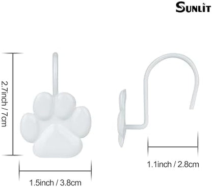 Sunlit Fashion Design Cute Paw Print Polished Shower Curtain Hooks for Dog Cat and Bear, Rust Proof Oil Rubbed Metal Shower Curtain Rings, White, 12 Pack