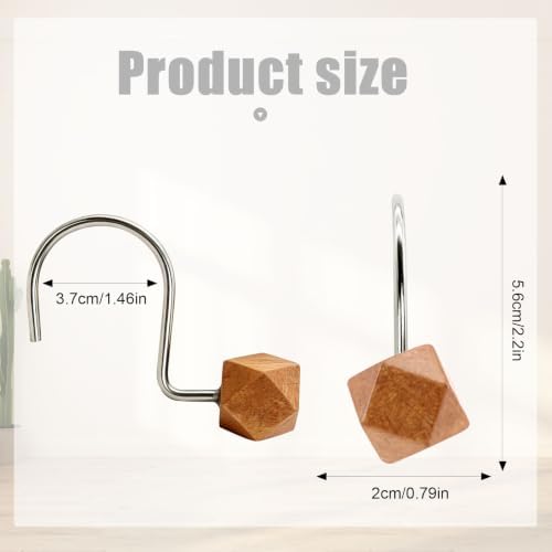 Decorative Shower Curtain Hooks, Wood Shower Curtain Rings, Modern Polygon Wood Shower Curtain Hangers, 12PCS Shower Hooks for Shower Curtain Rod, Bathroom, Bedroom, Living Room (Silvery)