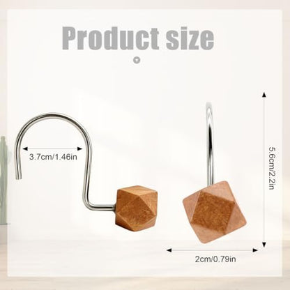 Decorative Shower Curtain Hooks, Wood Shower Curtain Rings, Modern Polygon Wood Shower Curtain Hangers, 12PCS Shower Hooks for Shower Curtain Rod, Bathroom, Bedroom, Living Room (Silvery)