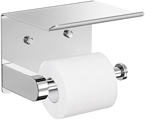 VAEHOLD Self Adhesive Toilet Paper Holder with Phone Shelf Stainless Steel Wall Mounted Toilet Paper Roll Holder - Bathroom Washroom Tissue Roll Holder with Storage Shelf - Bright Surface