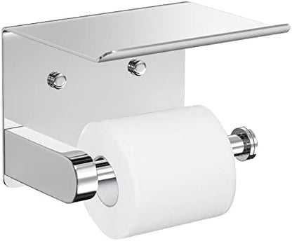 VAEHOLD Self Adhesive Toilet Paper Holder with Phone Shelf Stainless Steel Wall Mounted Toilet Paper Roll Holder - Bathroom Washroom Tissue Roll Holder with Storage Shelf - Bright Surface