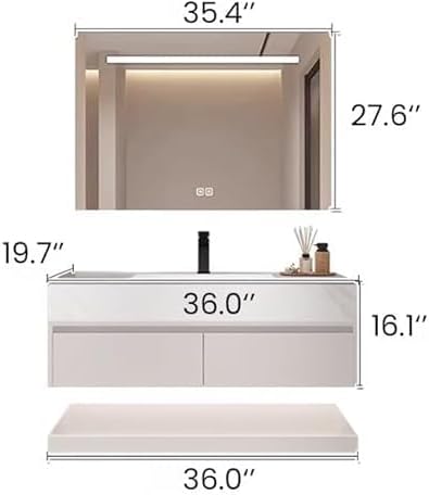 Bathroom Vanity with Sink, Single Sink Bathroom Vanity with Smart LED Defog Mirror, Display Time, Ceramic Sink, Soft Closing, Fully Pre-Assembled (White, 36in Mirror)